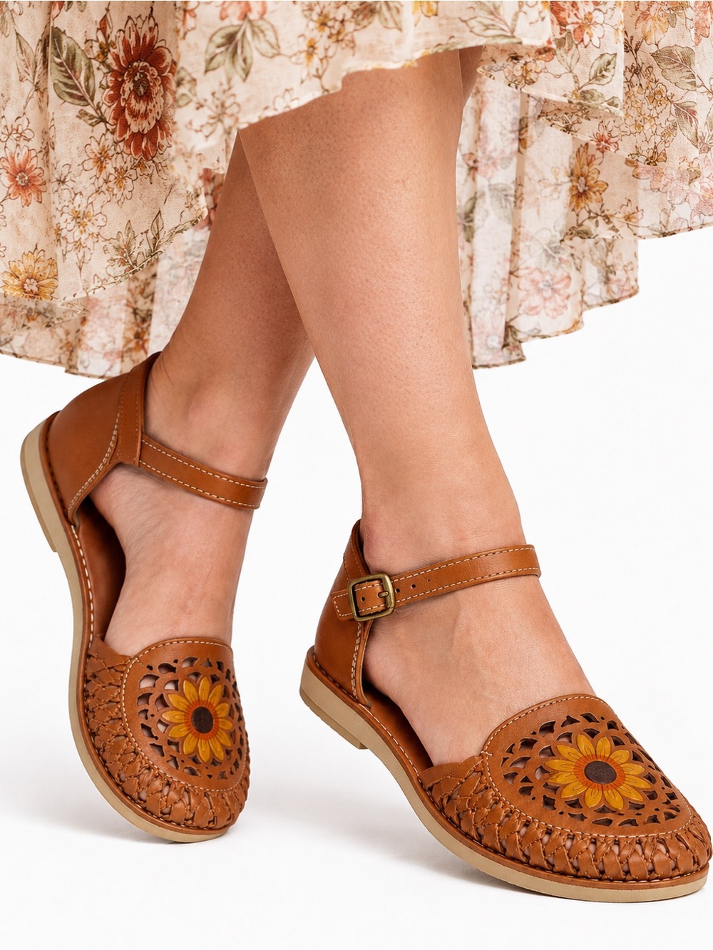 Size 10 Mexicania Women’s Handpainted Sunflower Huarache Leather Sandals
